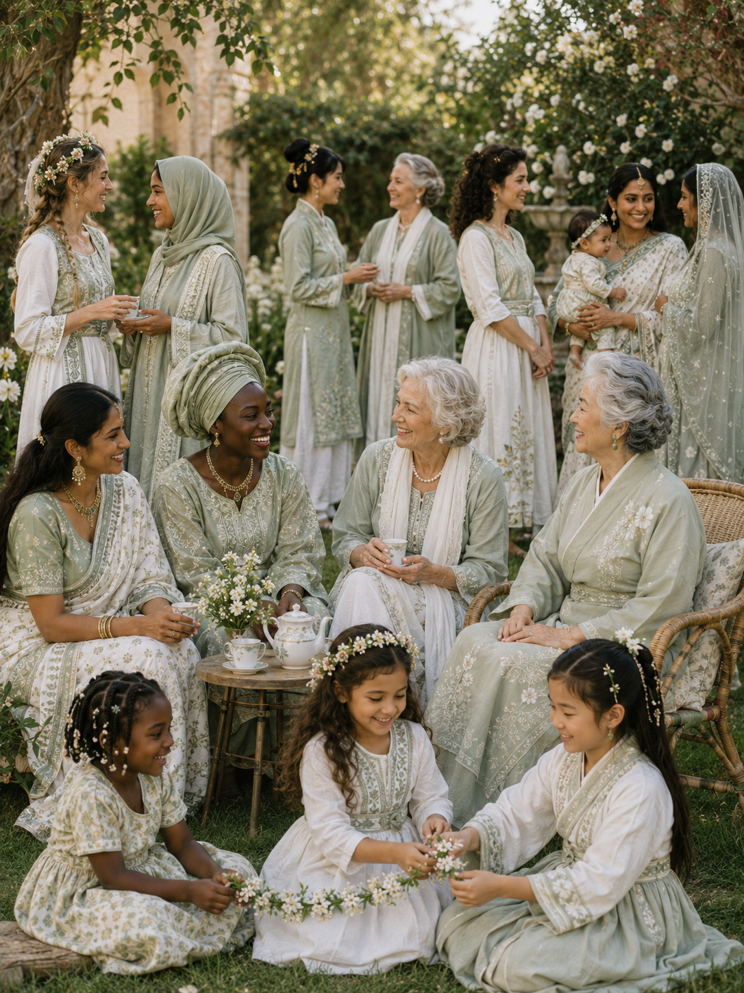 Cerchio di donne e bambine di culture diverse in un giardino fiorito