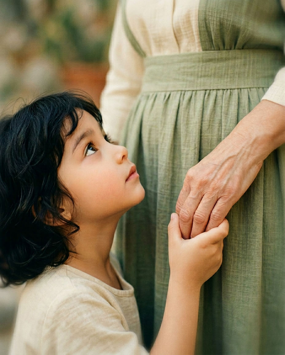 Le mani di una nonna che tiene la mano di una bambina, in toni verdi