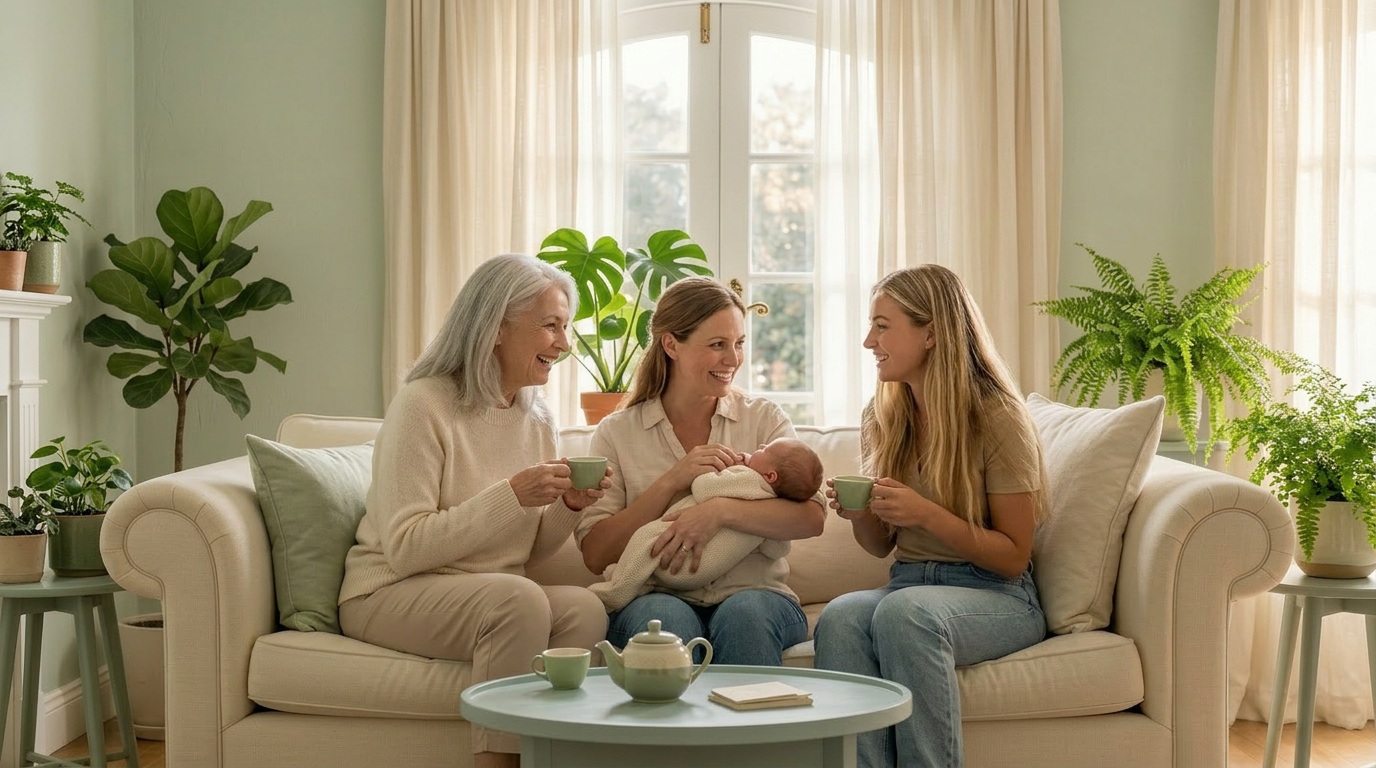 Tre donne di età diverse — anziana, giovane mamma con neonata, ventenne — in conversazione sul divano con tazzine verdi